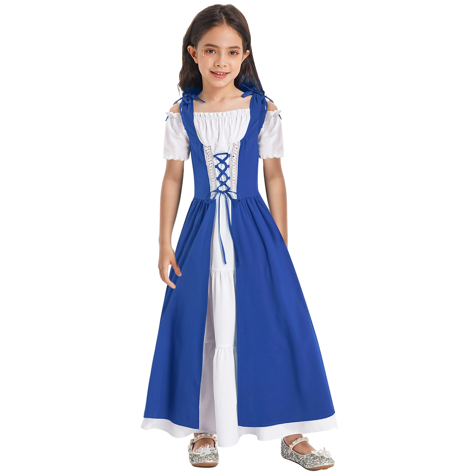 Kids Girls Renaissance Medieval Princess Costume Off Shoulder Lace-up Irish Over Dress Halloween Carnival Party Renfaire Outfit