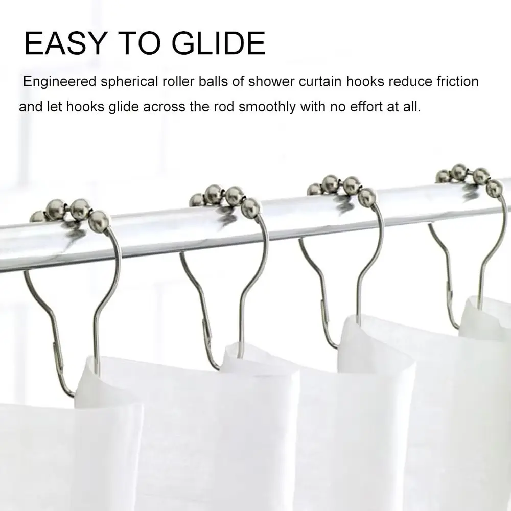 12Pcs Bath Curtain Hooks Easy To Glide Durable Metal Rollerball Rings Hook Buckle for Bathroom Shower Rod Bathroom Hardware