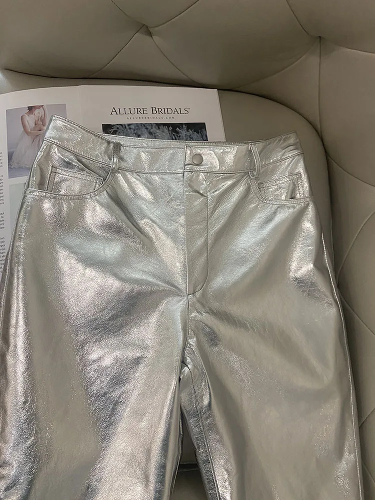 y2k Pants For Women Shiny Silver 2024 New Fashion Genuine Leather Cargo Pants Women High Quality Luxury Streetwear Trousers