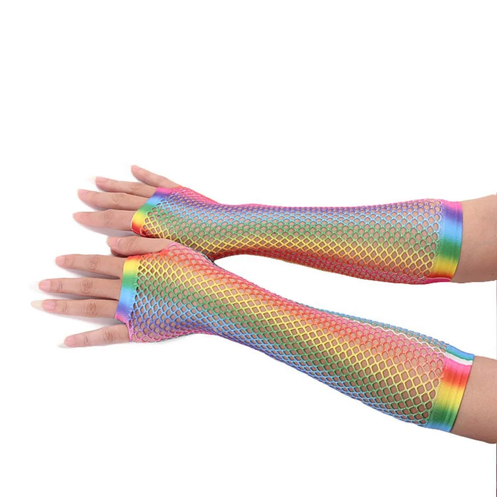 Korean Elasticity Party Girl For Women Long Half Finger Rainbow Color Gloves Arm Sleeves Fishing Net Gloves Nylon