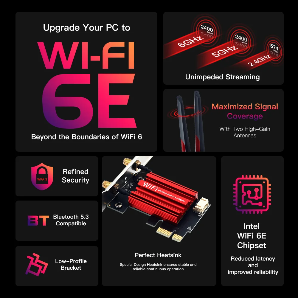 WiFi 6E AX210 5374Mbps Wireless PCIE Adapter Tri Band 2.4G/5G/6Ghz For Bluetooth5.3 Network Wi-Fi Card For PC Windows10/11