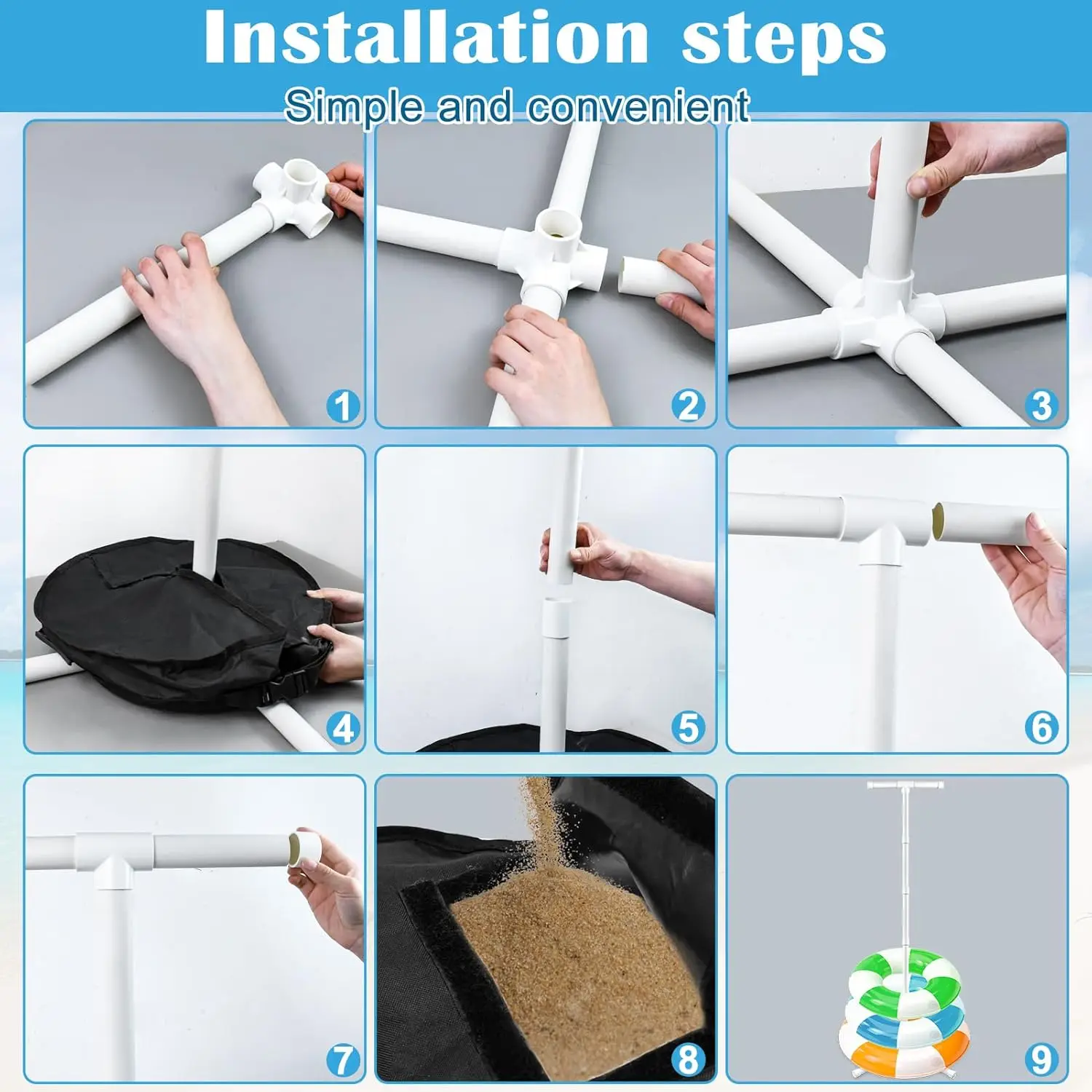 Estante de almacenamiento para flotador de piscina, soporte para flotador de piscina con bolsa de arena, peso de 60 "x 24", estante para anillos de natación de PVC, organizador de almacenamiento de toallas para piscina, 1 ud.