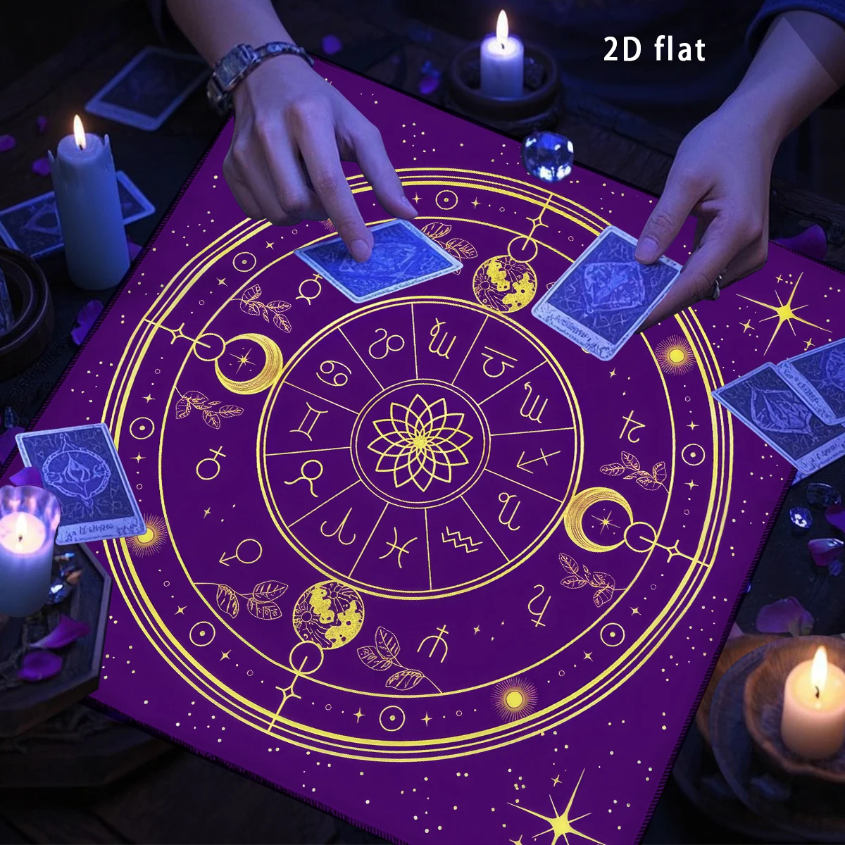 Mystical Tarot Constellation Altar Cloth Tarot Tablecloth Golden Astrological Symbols on Purple Table Cloth For Divination Mat