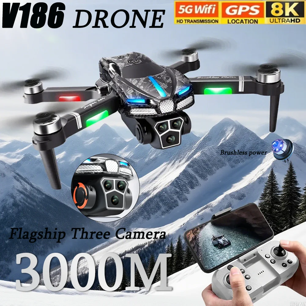

V186 Professional Drone 8K With Three Camera 5G WIFI Smart Four-Sided Obstacle Avoidance FPV Brushless Motor RC Quadcopter Dron