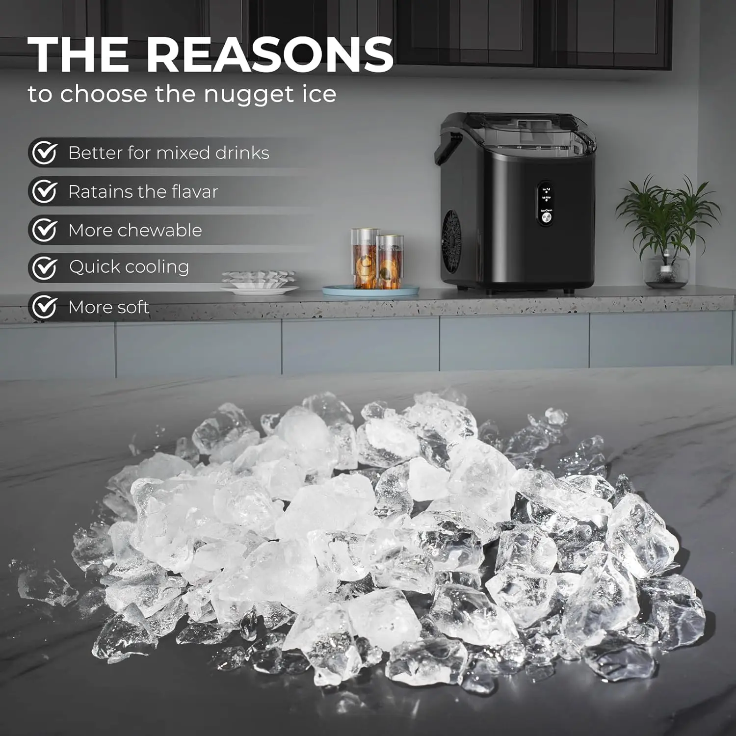 Ice Makers Countertop with Soft Chewable Pellet Ice, 7 Mins Ice Making, 35.5Lbs/24Hrs, Pebble Ice Maker Machine with Self