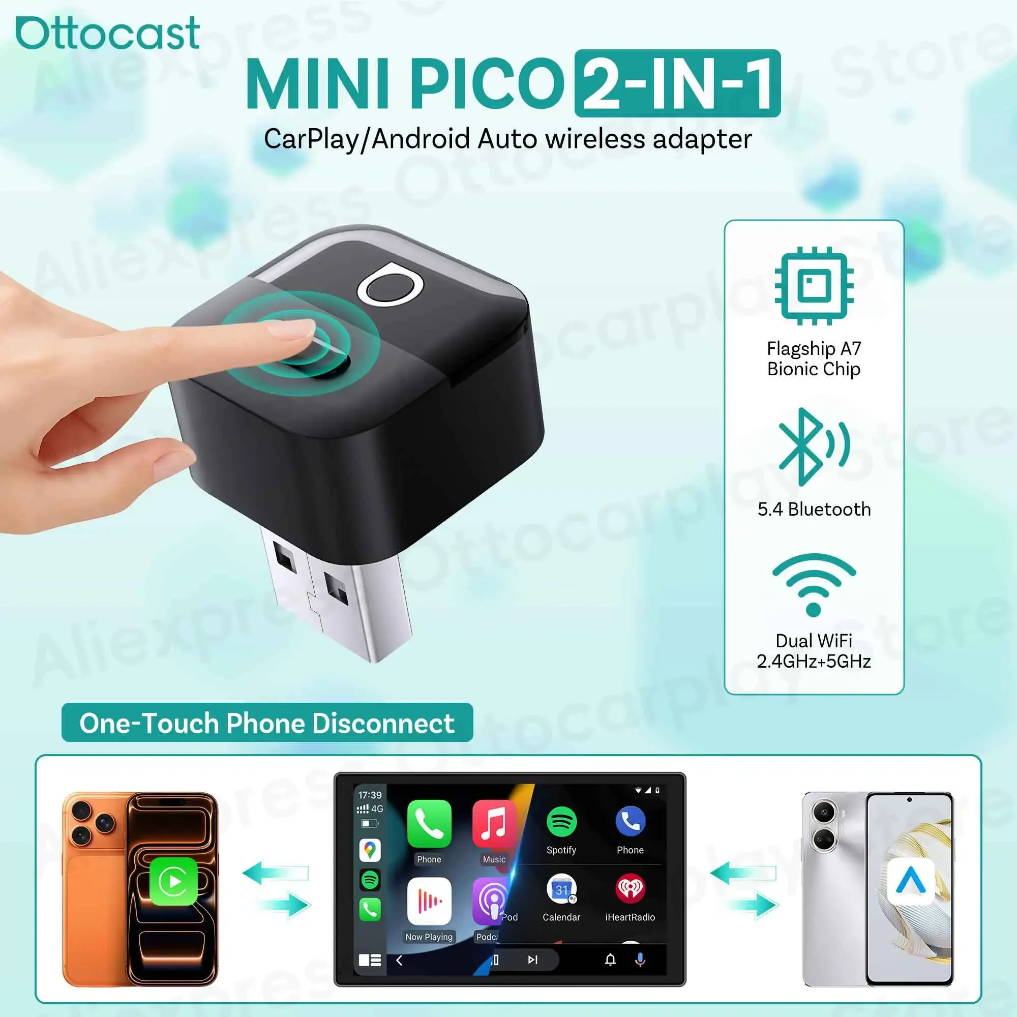 OTTOCAST Mini Pico 2026 Wireless CarPlay Android Auto Adapter for iPhone & Android Phone Car Accessories for VW Toyota Ford Benz