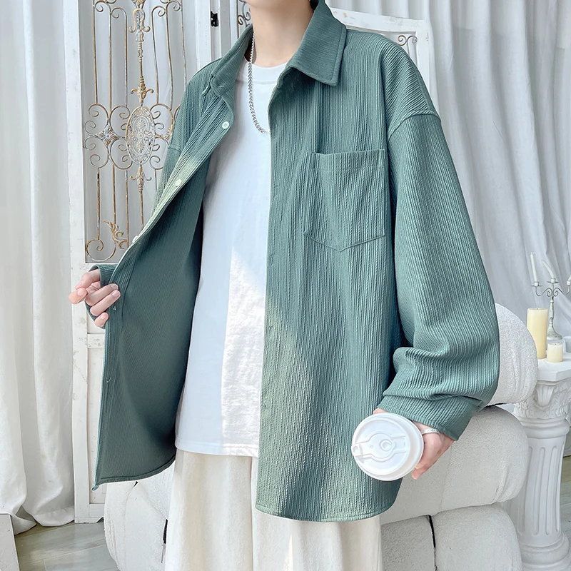 

Мужская свободная рубашка с длинным рукавом, мятная, с текстурной полосатой отделкой на воротнике, модная брендовая, весна-осень, рабочая одежда, с пуговицами