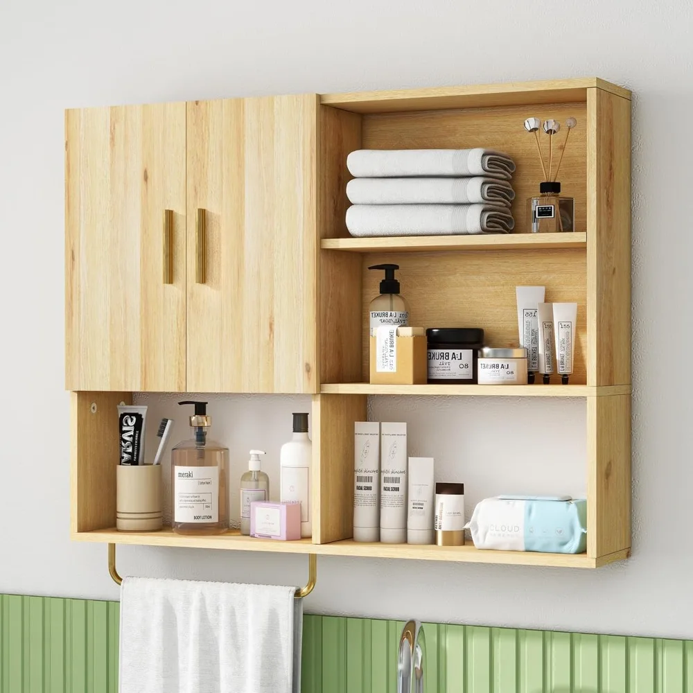 

Bathroom Wall Cabinet Solid Wood Large Wall Mounted Medicine Cabinet with 2 Doors and 4 Open Shelves Over Toilet Storage Cabinet