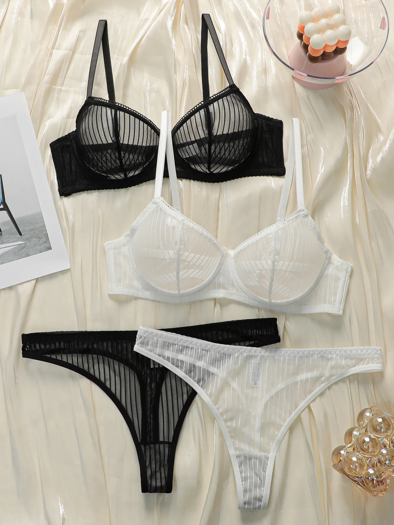 Einfarbiges 2-teiliges Set mit transparenten Spitzenstreifen, gepaart mit sexy Tanga, neues Damen-Unterwäsche-Set für Mädchen, Dessous