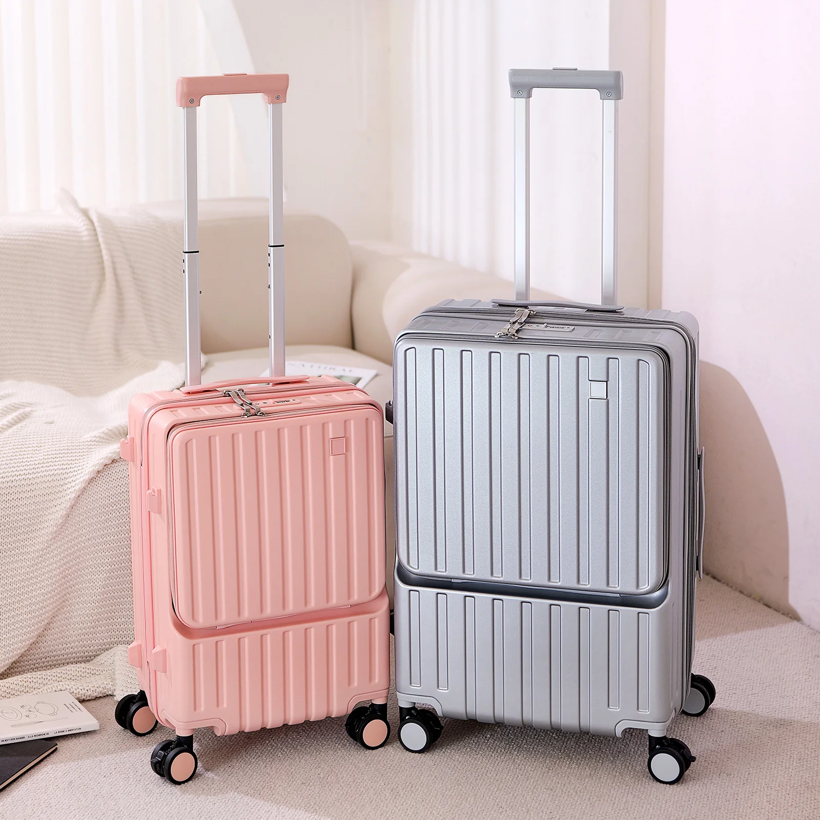 

Multifunctional Front-Opening Computer Trolley Case That Can Be Used on Airplanes, Shock-Absorbing Brake Wheel, Customs Lock, Suitcase, Cup Holder, Mobile Phone Holder, Functional Checked Box