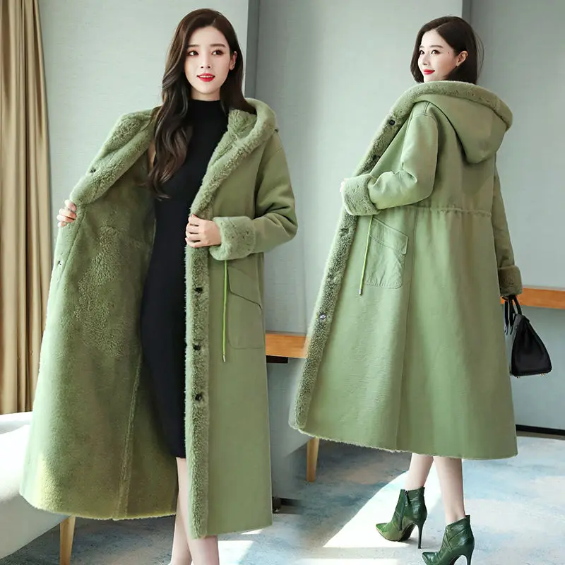 

2024 Fur Coat Winter Jacket Women Natural Fur Collar Cashmere Wool Blends Long Hooded Outerwear Ladies Streetwea