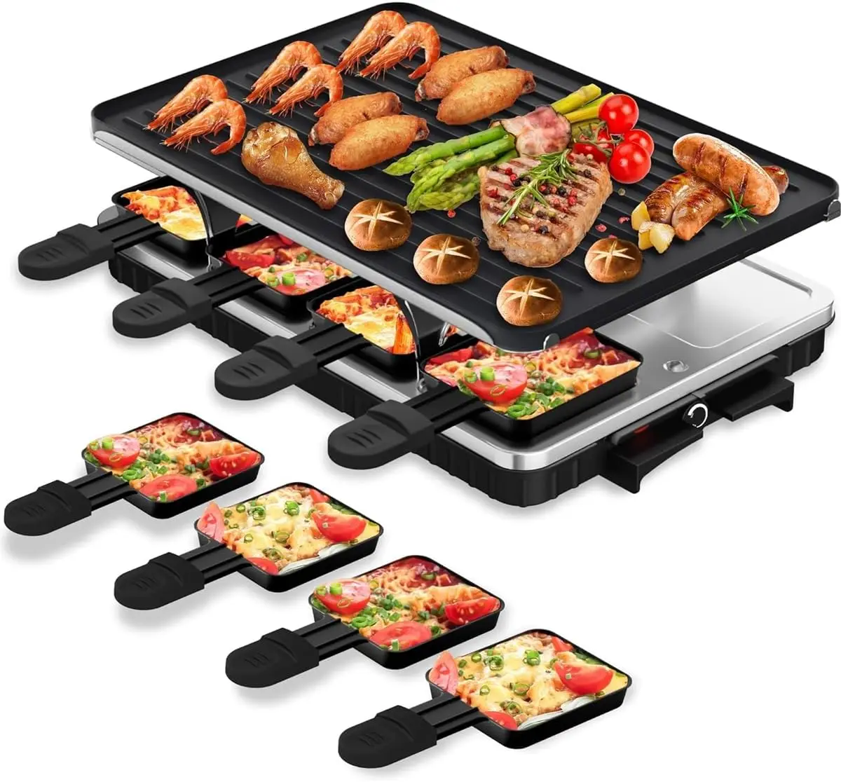 

Electric Raclette Grill with 8 Trays, Korean BBQ & Griddle, Adjustable Temperature, 1300W for Indoor Gatherings
