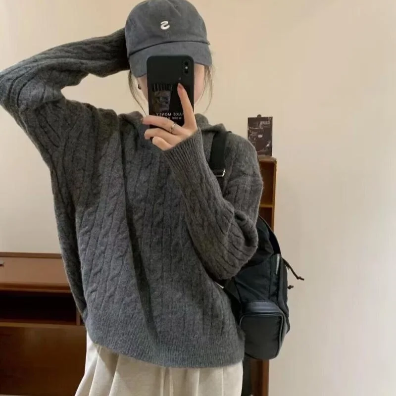 women sweater 2025 Autumn Winter New Women's Cable Knit Hoodie Retro Lazy Loose Fit Soft Cozy Trendy Knit Sweater