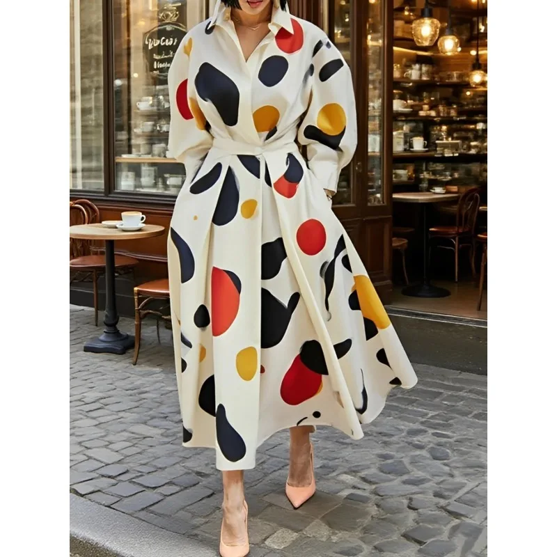 T Е Punti colorati Abiti taglie forti Donna 2025 Abbigliamento da ufficio Pieghe risvolto Tasche a maniche lunghe Camicie femminili Abito 186802