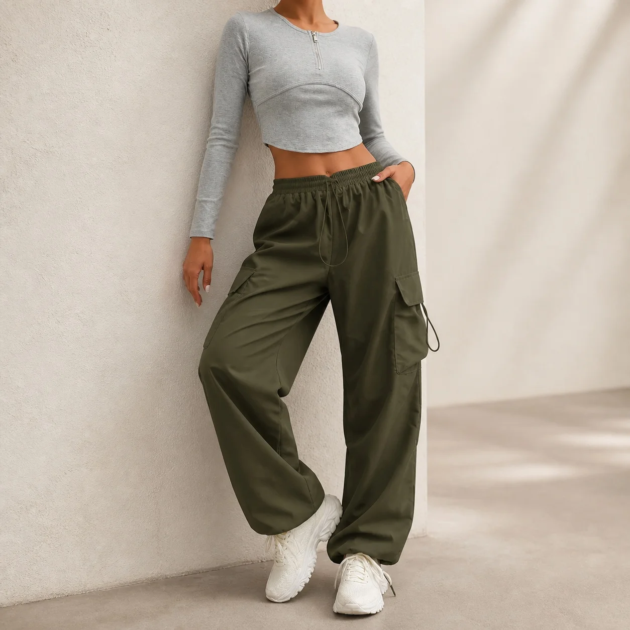 Women's Y2K Cargo Pants Mid Waist Drawstring Straight Leg Full Length Pocket Summer Woman Clothes Female Clothing Women's And