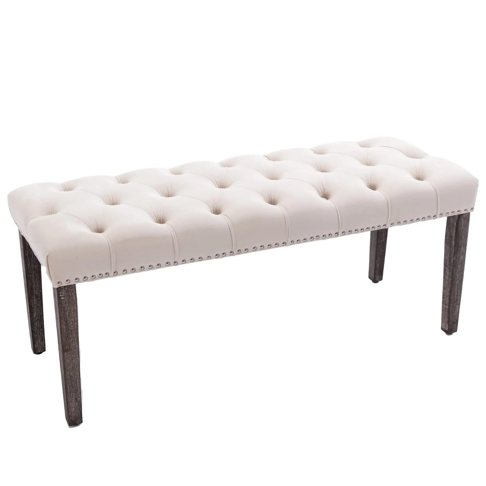 Button-Tufted Ottoman Bench, Upholstered Velvet Bedroom Benches,Beige