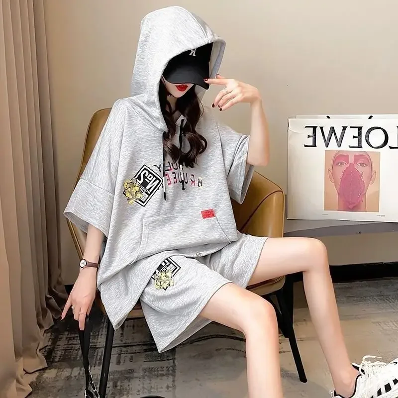 

Women's Casual Sports Suit 2025 Summer New Plus Size Clothing Loose Korean Short Sleeve Long Tops Shorts Two Piece Set For Women