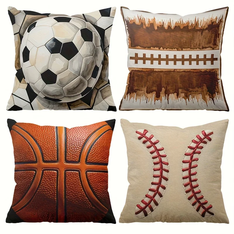 4pcs Sports Ball Theme Single-sided printing Short plush Suitable for living rooms bedrooms sofas (excluding pillow cores)