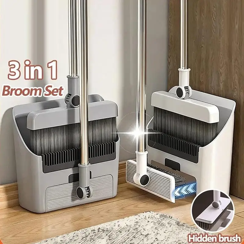 Dustpan Set 3-in-1 Folding Multi-surface Cleaning with Strong Bristles Compact Floor Brush Carpet Hard Floor Gift