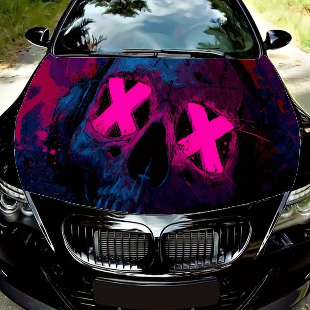 

Rose Cross Skull Shadow Car Vinyl Wrap, PVC Waterproof Car Hood Sticker, Self-Adhesive Scratch-Resistant Stickers for Engine Cov