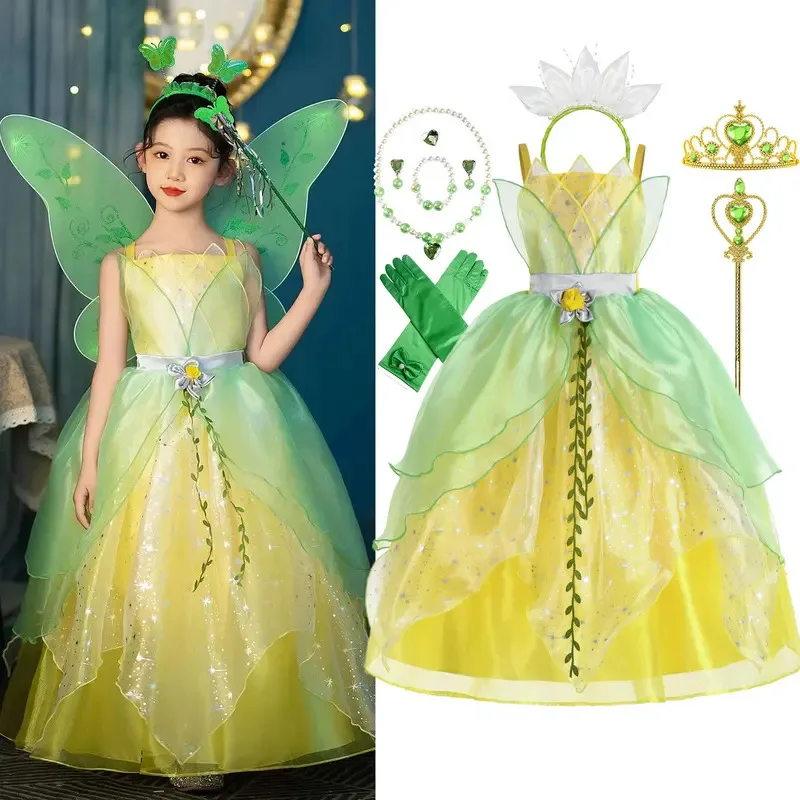 

Toddler Birthday Party Green Dress Children's Day Tiana Inspired Delicate Princess Frock Girls Fairy Tale Gown Halloween Apparel