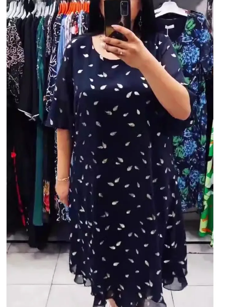 Fashion Print Midi Dress Summer Round Neck Short Sleeve Casual Loose Dress Elegant Women Splice Chiffon A Line Dresses Vestidos