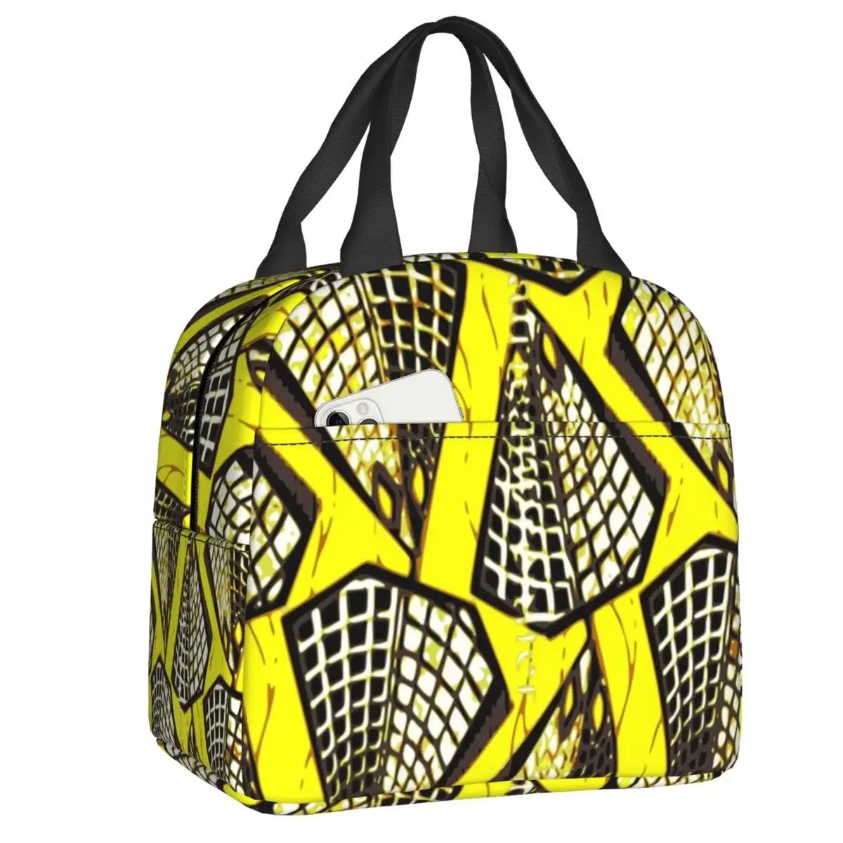 Custom African Ankara Wax Print Yellow Throw Pillow Lunch Bag Women Cooler Thermal Insulated Lunch Box for Kids School Children