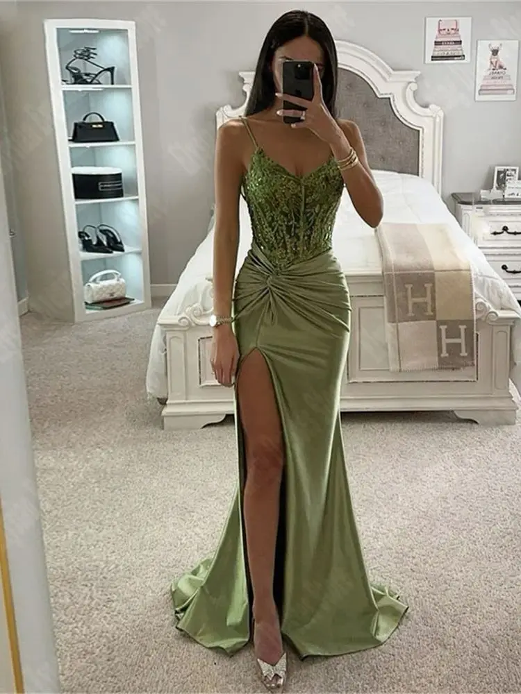 Vestido De Noche con bordado De encaje brillante, con tirantes finos traje Sexy, para fiesta De graduación, cóctel Formal