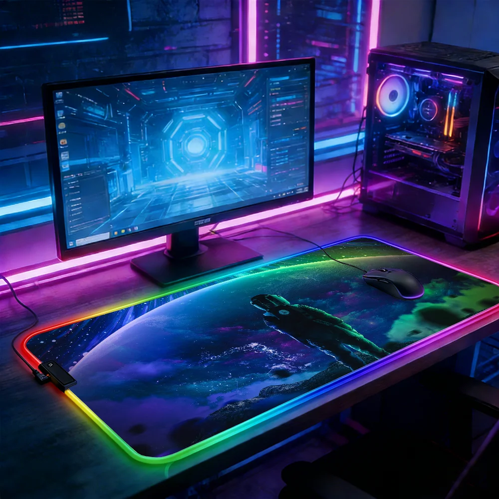 

Светодиодная RGB-подсветка, коврик для мыши, игровой коврик для клавиатуры, настольные коврики, неоновый коврик с изображением Авроры и астронавта, аксессуары для ноутбуков, настольный коврик, коврик для мыши, геймерский коврик