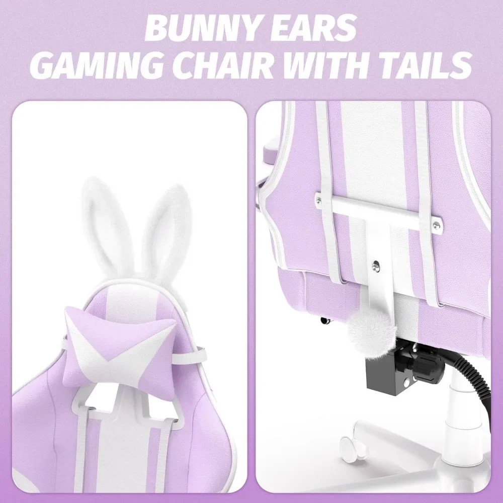 Silla Gaming Kawaii de color púrpura claro con Orejas de conejo, sillón Gamer ergonómico bonito con reposapiés y masaje, cuero reclinable de carreras