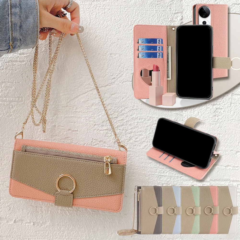 

Mirror Zipper Wallet Case for Redmi Note 15 Pro Plus 14 14S 13R 13 Metal Crossbody Strap Leather 3 Card Slot Ring Flip Cover