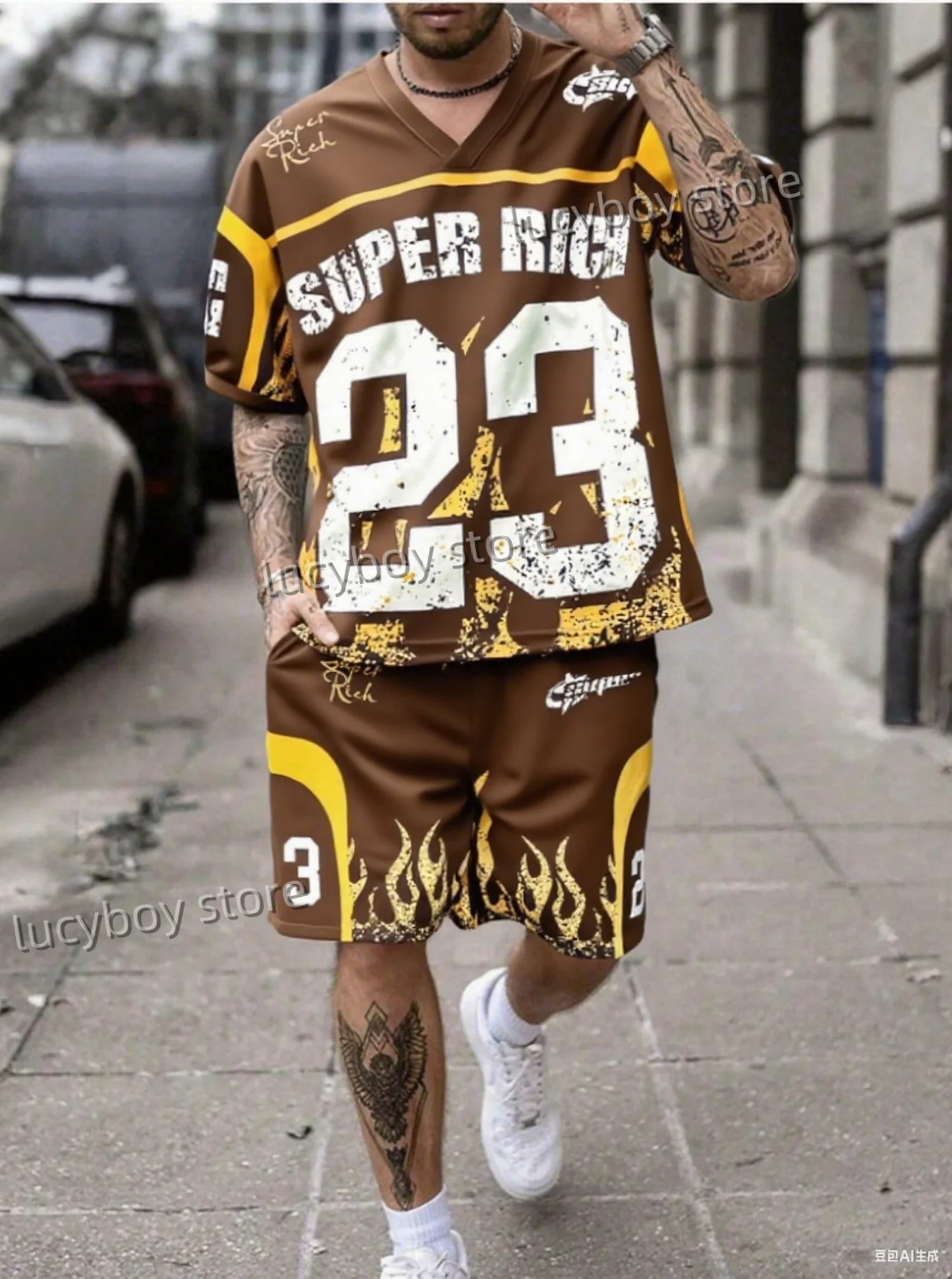 Summer Super Rich No.23 Print Men's Short Sleeve V-Neck T-Shirt Shorts Set Adult Basketball Jogging 2 Piece Set Men Clothing