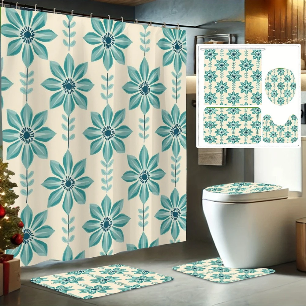 

Набор для ванной комнаты из 4 предметов с синим цветочным узором, включая занавеску для душа, нескользящий коврик, чехол на сиденье унитаза и нескользящий коврик.