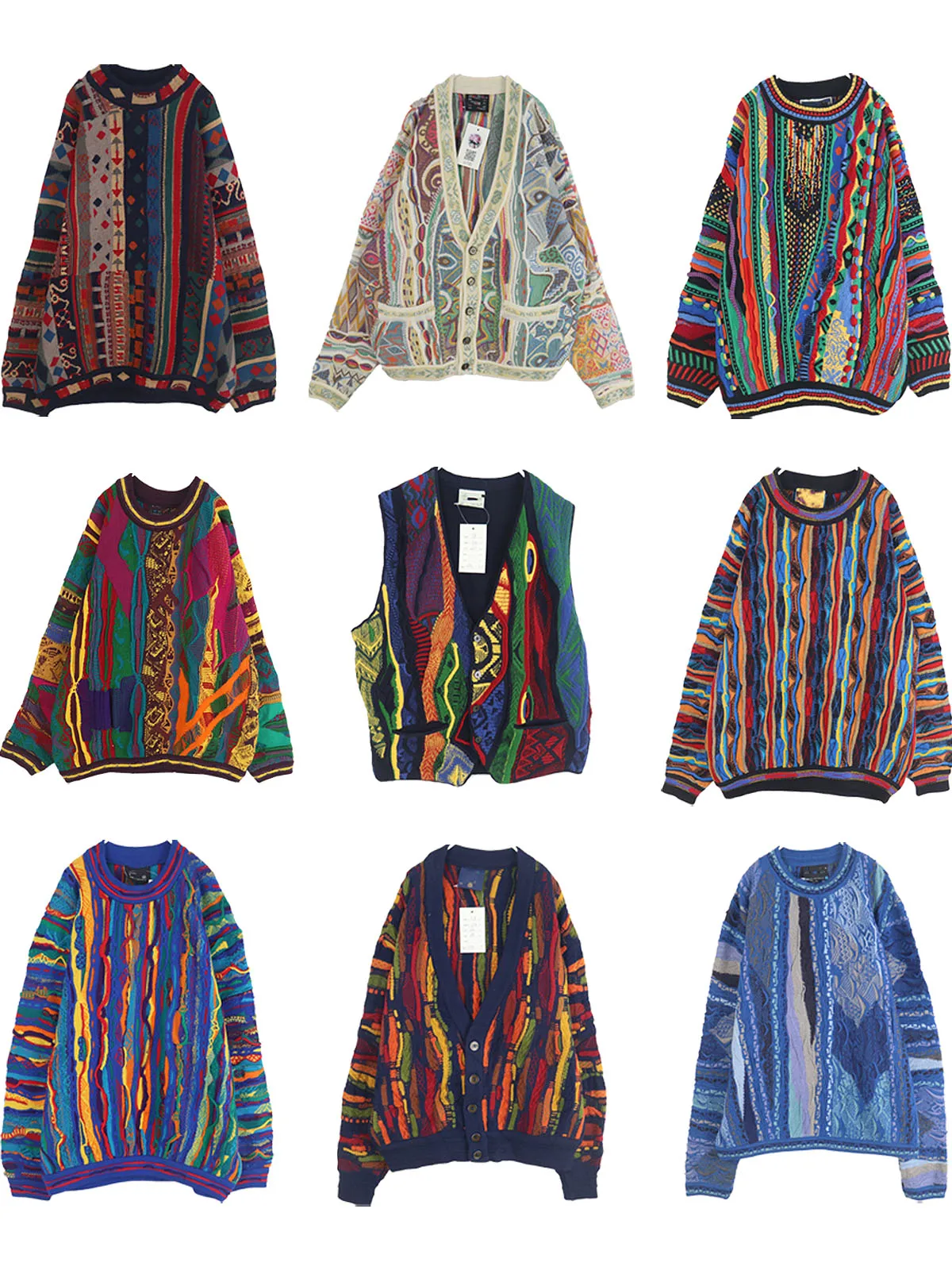

Vintage Loose Color Blo Wave Sweater Cucumber Pattern round Ne Woolen Cardigan for Women Commute Sle Autumn Season