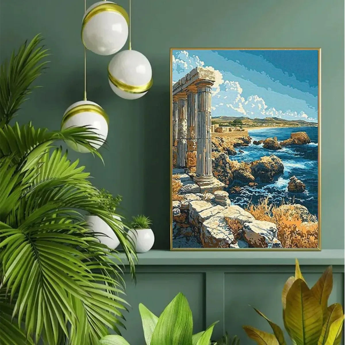 1000 قطعة من أحجية الأطلال اليونانية القديمة - منشار كبير بدون إطار مع أعمدة حجرية، المحيط الأزرق، الغيوم البيضاء والتملال - تحدي #3