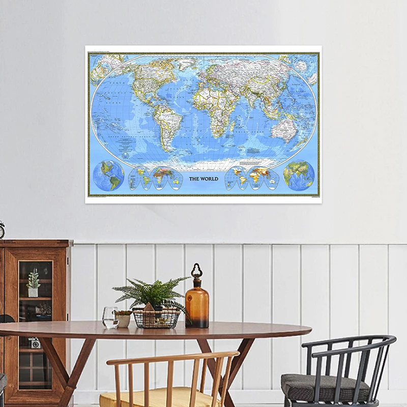 1pc 1988 Carte du monde 225*150cm Non Tissé Carte du Monde Affiche Détaillée Affiche Mur Décor Fonds D'écran Fournitures De Bureau