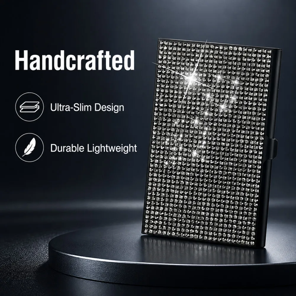 Bling Aluminum Alloy Diamond Metal Business Card Case 10-20 Sheets Capacity Snap Rhinestone Business Card Box Small