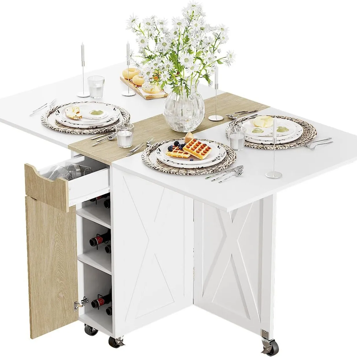 

Customized new color matching pastoral folding small dining table space-saving movable dining table with 6 wheels