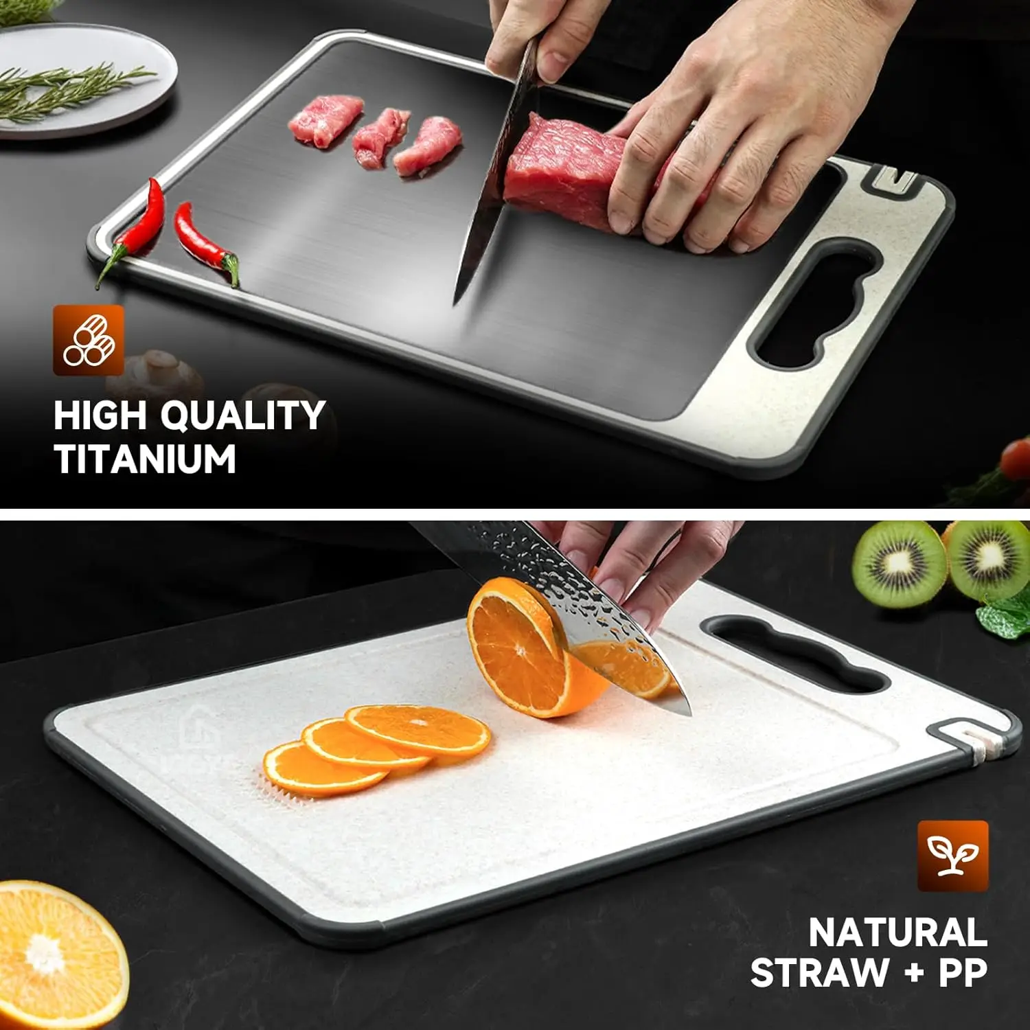 Double-Sided Titanium & Wheat Straw Cutting Board, Non-Slip Kitchen Chopping Board 14.37x9.84in Dishwasher Safe 2