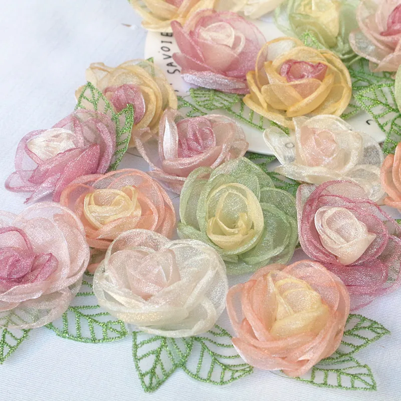 10Pcs 5.5CM Organza Chiffon Fabric Artificial Flower With Leaves Wedding Dress Decoration Home Accessories DIY Fake Flowers