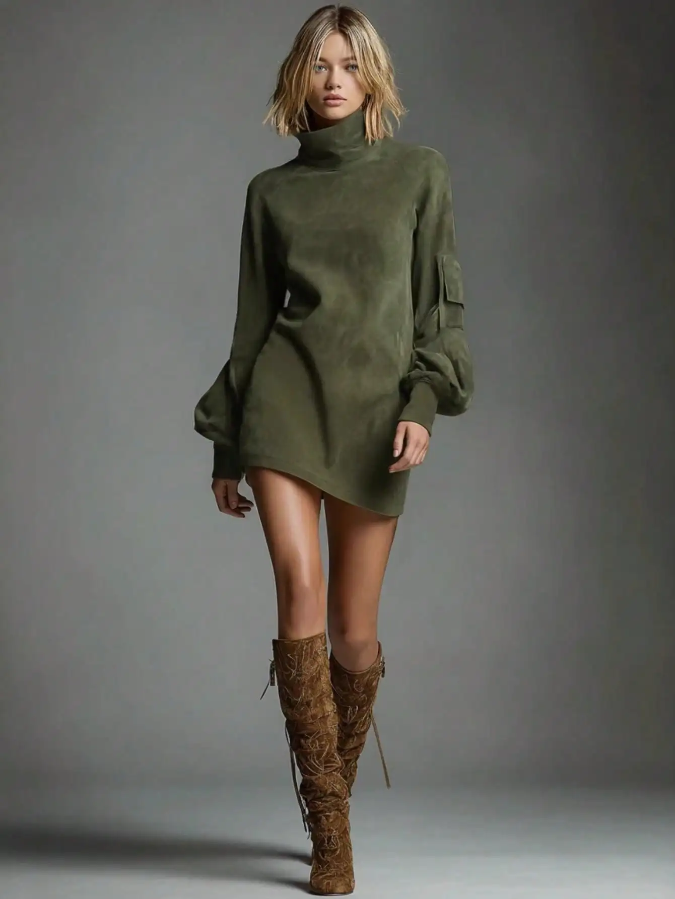

Olive Green High-Neck Long Sleeve Mini Dress with Lantern Sleeves