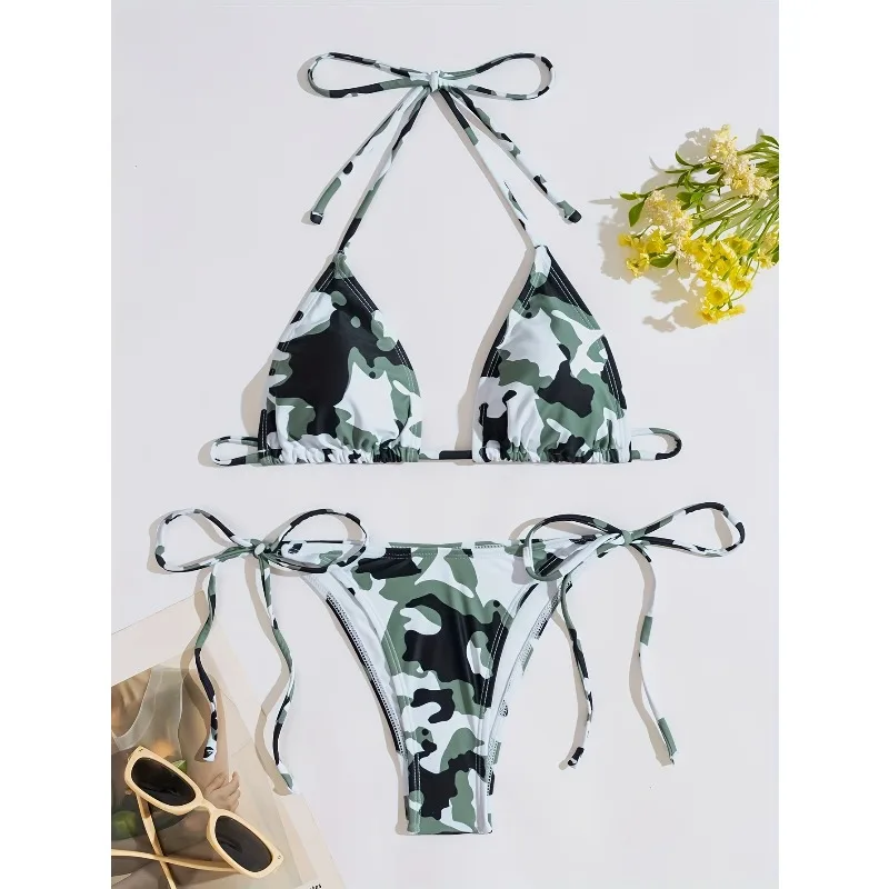 

Camouflage printed neck two-piece swimsuit sexy three-point bikini split swimsuit