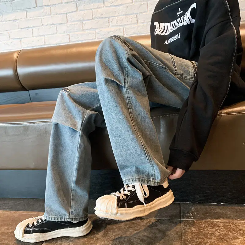American Vibe Pants Trendy High Street Zipper Pocket Work Clothes Jeans Men'S High-End Slim Straight Leg Pants