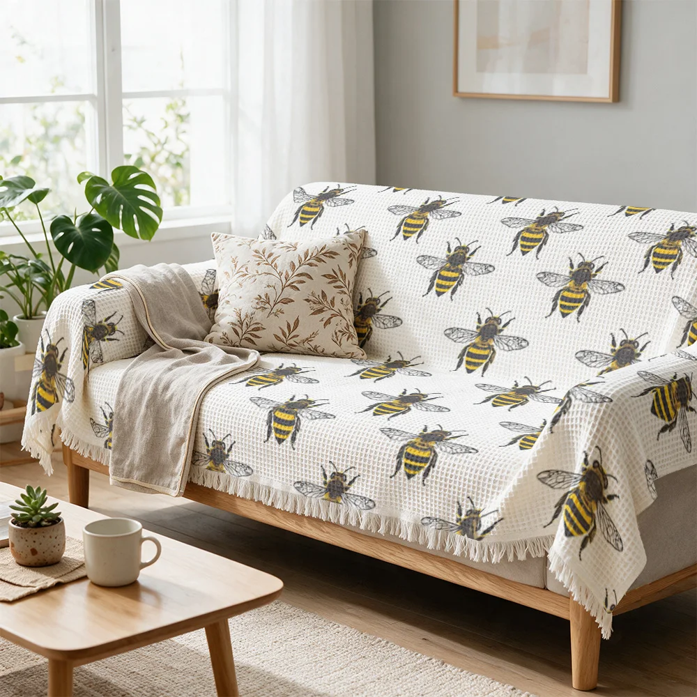 Decorative Bee Print Throw Blanket Sofa Throw Cover for Living Room Couch Decor Cozy Boho Home Accessories Spring Gift