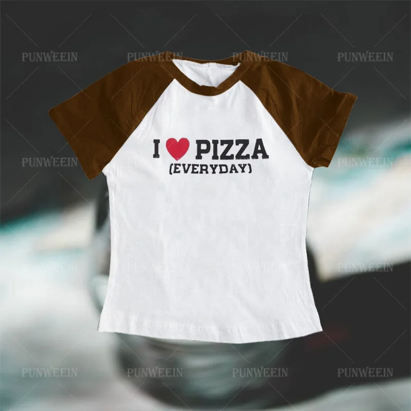 여성용 빈티지 스트리트 Y2K 의류 크롭탑, i love 피자 프린트 베이비 티, Emo 반팔, 빨간 티셔츠, 섹시한 미국 스트리트웨어