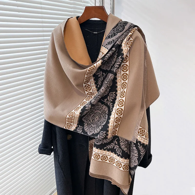 2024 Elegant Ladies' Pashmina Jacquard Cashmere Scarf Winter Thick Warmth Two-Sided Shawl Coldproof Windproof Blanket Scarf