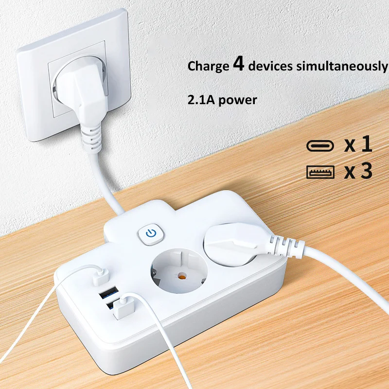 EU Plug Power Strip Extension with PD20W QC3.0 Fast USB Charging, LED Touch Switch, Multi-Outlet Wall Socket for Home and Office