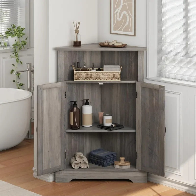 خزانة زاوية أرضية المزرعة مع باب الحظيرة، رف قابل للتعديل، منظم تخزين الحمام لغرفة المعيشة والمطبخ