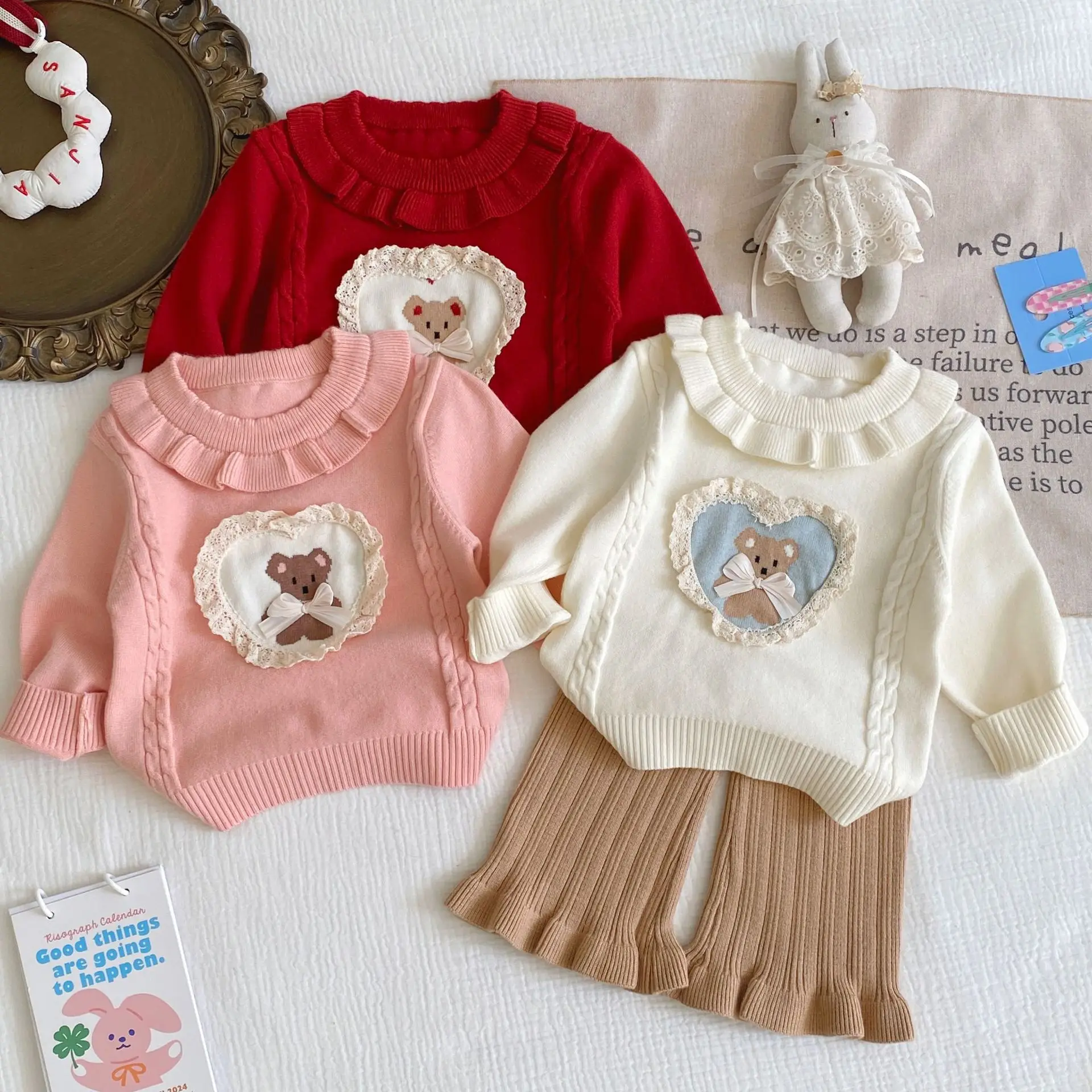

2025 Autumn New Baby Girl Cute Bear Sweater Set Toddler Princess Long Sleeve Knit Tops + Pants 2pcs Suit Infant Girl Outfits