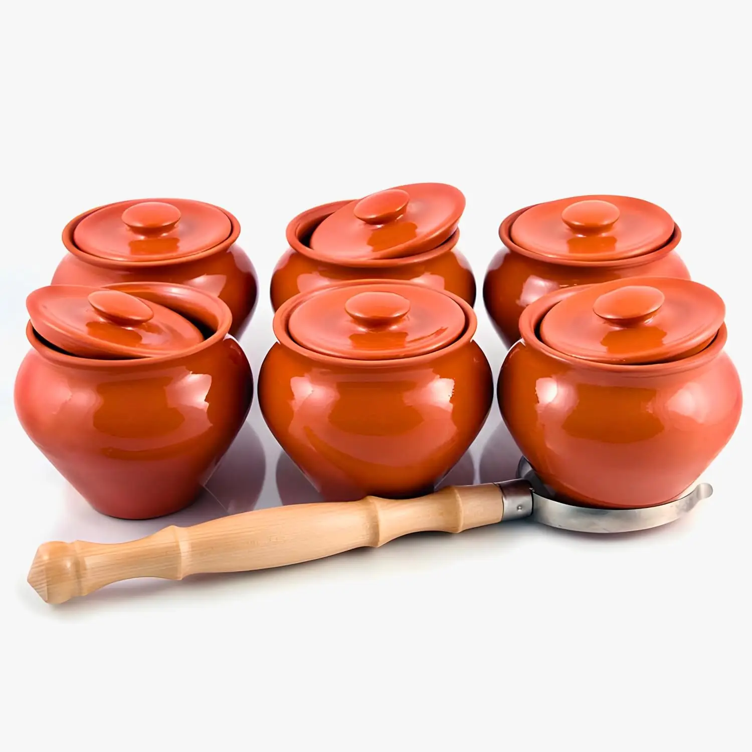 

Set of 6 Natural Clay Stoneware Baking Ramekins with Lids & 1 Oven Fork - 0.5-Qt Each - 16.9 fl oz (500 ml) - Clay Pots for Cook